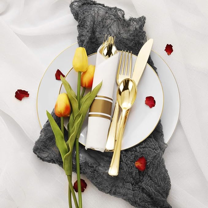 Supernal 60 Pack Pre Rolled Napkins with Gold Plastic Silverware, Premium Disposable Gold Wrapped Cutlery Set Includes: 60 Forks 60 Knives 60 Spoons 60 Napkin for Party