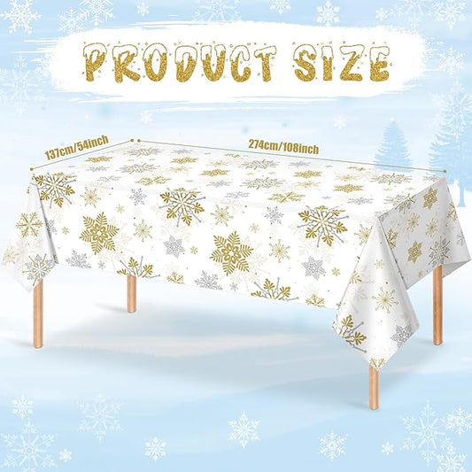 12Pcs Christmas Snowflake Party Tablecloths Decorations,Plastic White and Gold Table Cloth,Winter Rectangle Table Cover for Christmas New Year Birthday Baby Shower Holiday Party Decorations,54x108inch