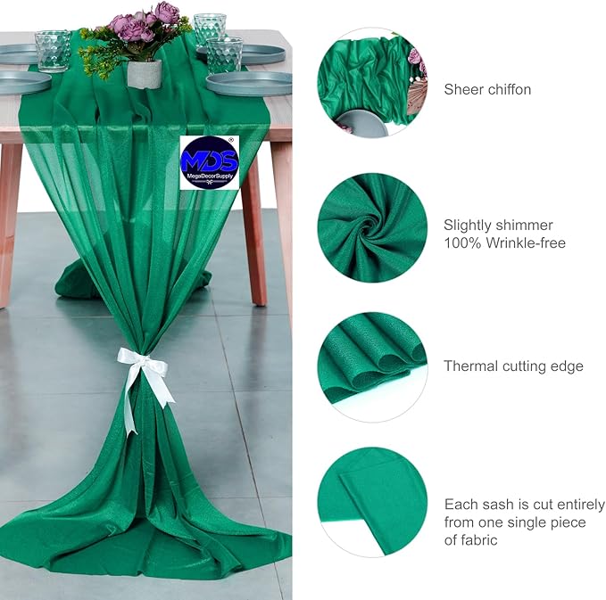 MDS Halloween Chiffon Table Runner - 15 Pack, 29 x 170 Inches, 14ft Each - Sheer Spooky Table Runners for Haunted House Parties, Trick-or-Treat Tables, Witchy Décor, Wedding & Events - Emerald Green