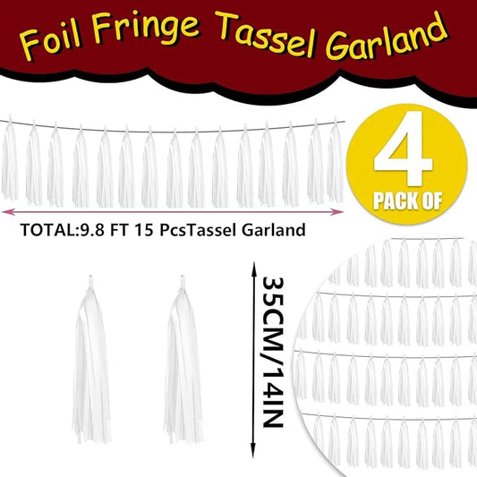 4P White Foil Fringe Metallic Tassel Streamers Banner Tassel Garland for Parade Floats, Graduation, Wedding, Birthday, Halloween, Christmas, Bridal/Baby Shower Party Decorations