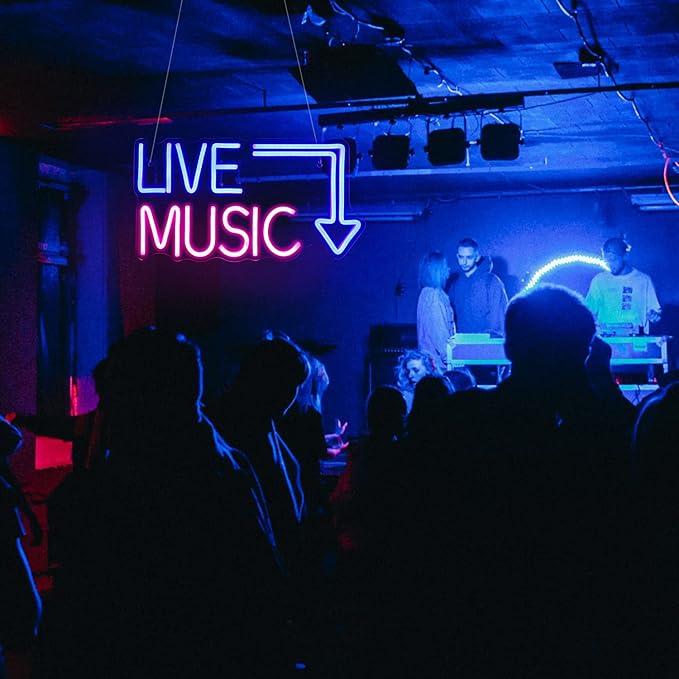 Live Music Neon Sign LED Neon Sign Large Blue and Pink Words for Music Studio USB Powered Switch for Wall Decor Beer,Bar,Music Studio,Bedroom,Party,Club