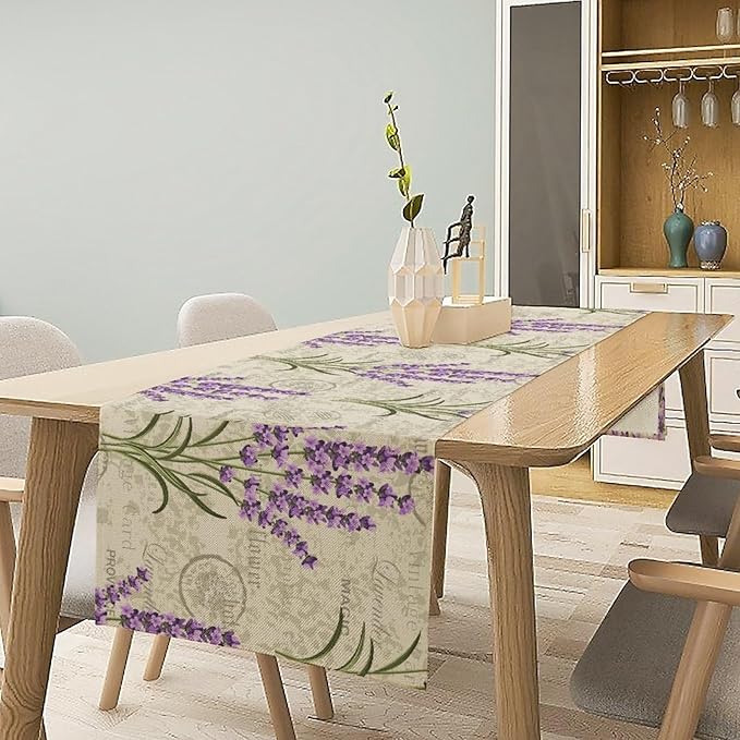 Floral Lavender Table Runner,Vintage Rustic Country Romantic Purple Flower Pattern Print Burlap for Hotel Indoors Outdoor Dining Room Kitchen Home Decor, 13x36in