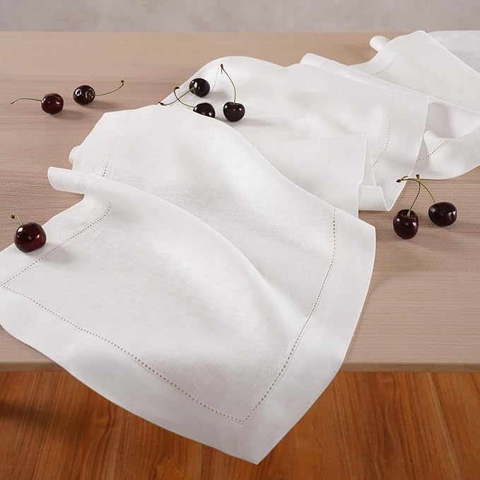White Hemstitch Table Runner 36 inches – 100% Pure Linen Small Table Runner 14 x 36 Inch Ideal for Dresser and Coffee Tables – Elara, Spring, Summer, Wedding Decorations, Gift