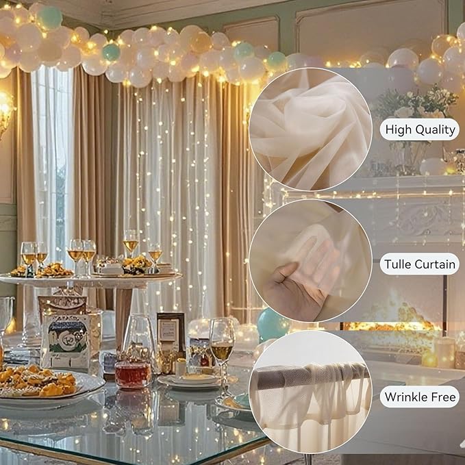 10×10ft Tulle Backdrop Curtains with Lights String - 300LED Fairy Lights Sheer Curtain Backdrop for Weddings Baby Shower and Birthday Party Decorations(4 Panels 5×10ft)