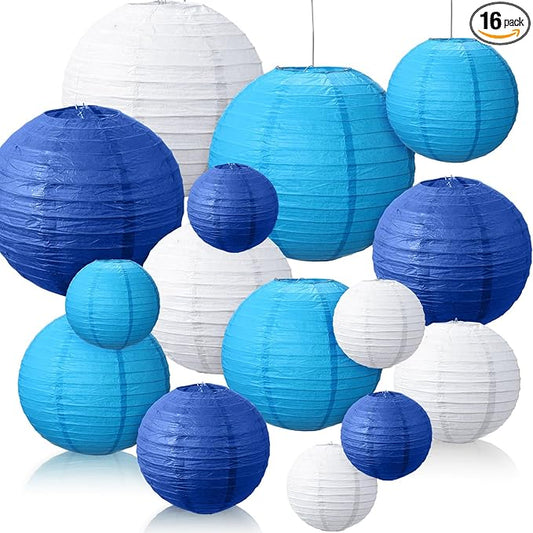 Riakrum 16 Pcs Blue and White Paper Lanterns Birthday Party Decorations Mixed Size 6'' 8'' 10'' 12'' Colorful Chinese Hanging Paper Lanterns for Wedding Home Decorations Supplies