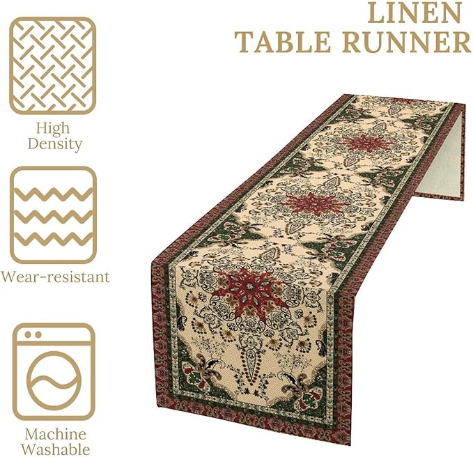 Vintage Paisley Bohemian Table Runner Beige Red Rustic Farmhouse Home Kitchen Table Dining Coffee Room Garden Party Wedding Decor 13x108in