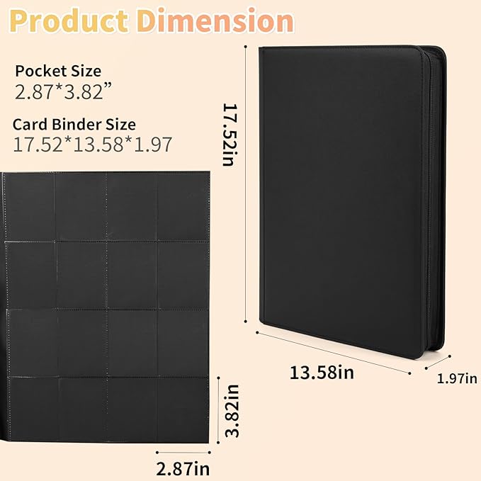 Premium 1000+ Pockets Trading Card Binder, 16-Pocket Ringless Side-Loading Album for TCG, MTG, Lorcana, Sports & Standard-Size Cards (Black2)