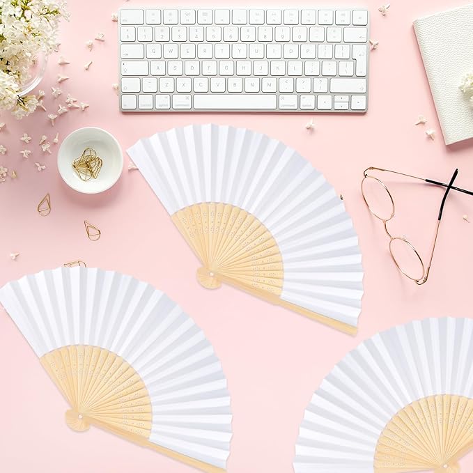 12 Pieces White Hand Held Bamboo Folding Fans Paper Fans Handheld for Women Foldable Girls Wedding Decoration Church Home Party Favors Summer