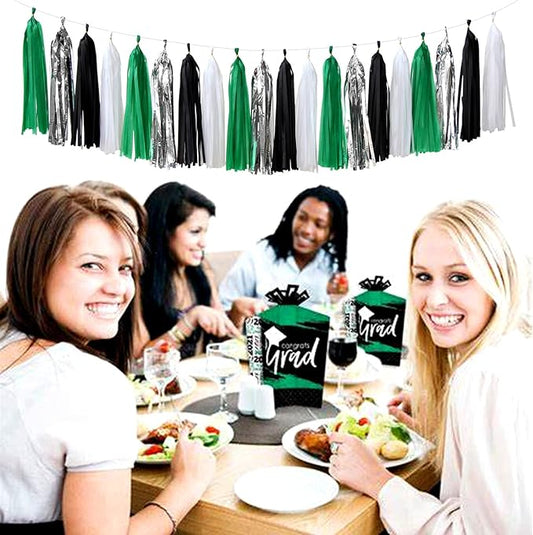 Black Green Silver Football Party-Decorations - 30pcs Soccer Graduation Streamers,Tissue Pom Poms,Tassel Garland Backdrop Men Boys Birthday Spring Sunmer Bunting Jungle theme Banner Lasting Surprise