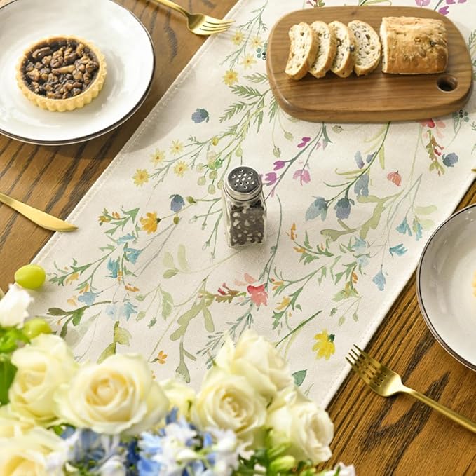 Artoid Mode Wildflowers Bloom Flowers Spring Table Runner, Seasonal Summer Floral Kitchen Dining Table Decoration for Home Party Decor 13x72 Inch