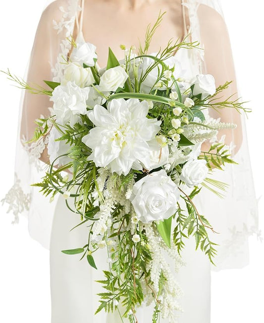Ling's moment White Green Bridal Bouquet for Bride, White Green Wedding Bouquets for Bride, 13 Inch Bride Bouquets for Wedding Artificial Flowers Bouquets