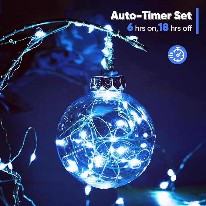 2 Pack 65.6 Ft. Battery Operated Outdoor String Lights with Remote & Timer, LED Blue Fairy Lights, Waterproof Twinkle Lights for Bedroom, Dorm, Mason Jar, Wedding, Party, Christmas