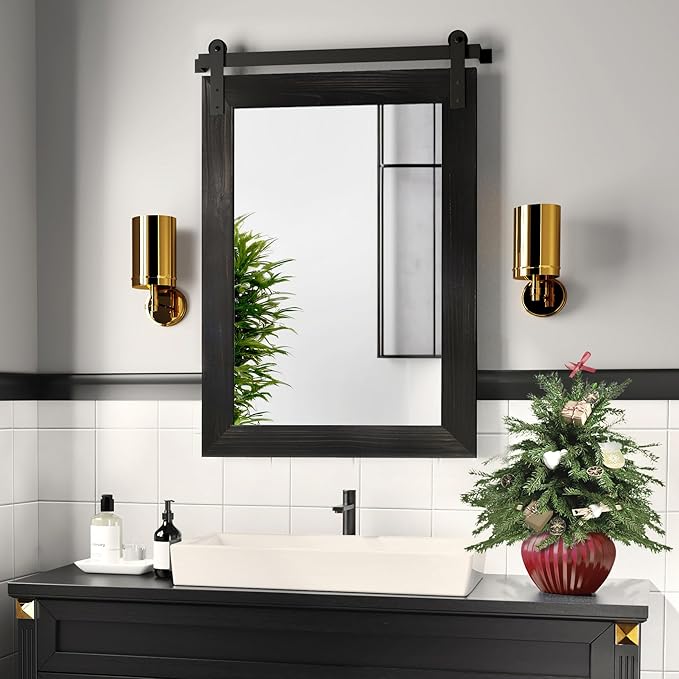 COGOOD Farmhouse Barn Door Mirror - 21 x 30 Rustic Wood Framed Wall Mirror for Bathroom, Living Room, Entryway Wall Decor (Black)