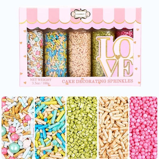 Confect Sprinkles – 5 Pack Assorted Cake Decorating Mix (Hot Pink & Ivory Pearl Dragees, Champagne Gold & Blue Jimmies, Green Sparkling Sugar) – Festive Edible Toppings for Cakes, Cupcakes, Cookies – Vegan, Gluten-Free, Nut-Free, Soy-Free, Dairy-Free, ...