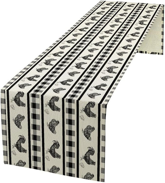 Rooster Table Runner,Farmhouse Animal Vintage Chicken Black White Plaid Check Tablecloth Burlap for Hotel Indoors Outdoor Dining Room Kitchen Home Decor,W13X L90 in