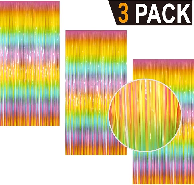 GOER 3.2 ft x 8.2 ft Metallic Tinsel Foil Fringe Curtains Party Photo Backdrop Party Streamers for Birthday,Graduation,New Year Eve Decorations Wedding Decor(3 Packs,Candy Macaroon Multicolor)
