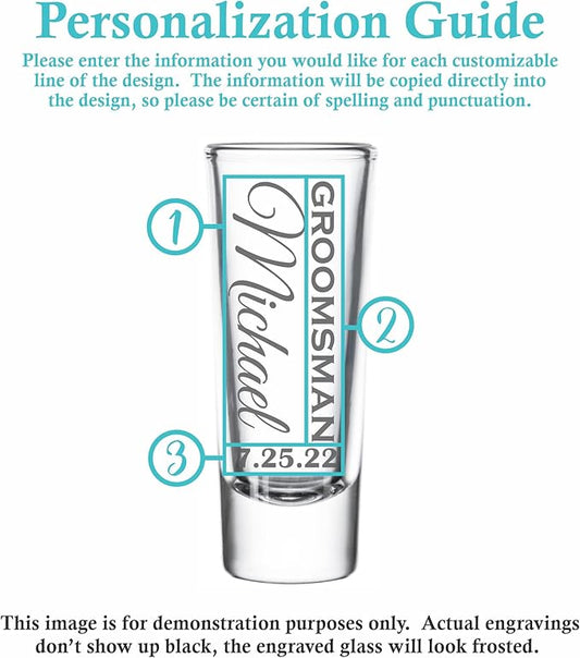 Custom Engraved 2 oz Shot Glass – Personalized Etching – Groomsman & Bridesmaid Gift – Wedding Favor Set of 8