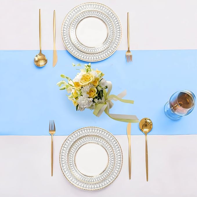 SHEJIZE 2 Pack Light Blue Satin Table Runner 12x108 Inches Long, Bright Silky Smooth Satin Table Runner Table Decor for Wedding Banquet Christmas Prom Event Birthday Party