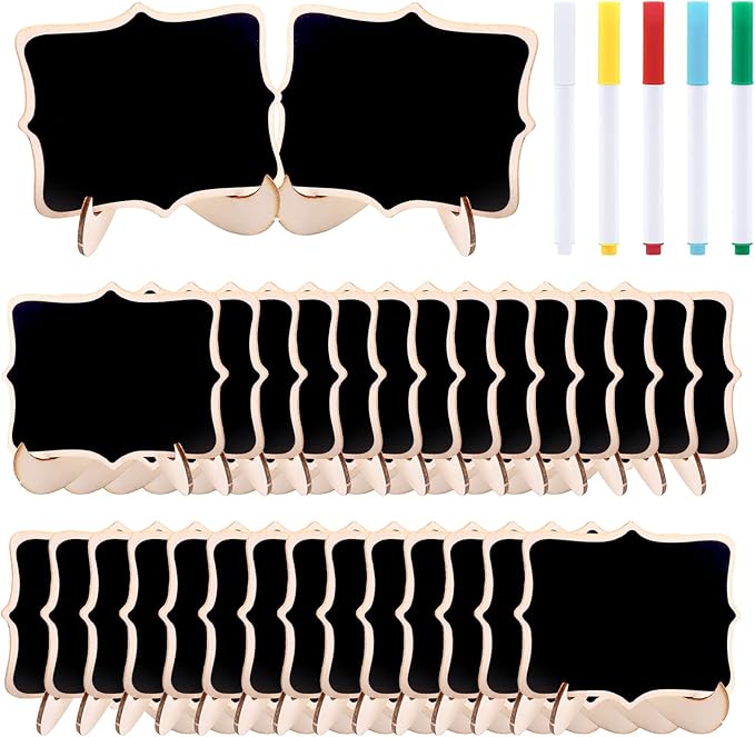 Swpeet 30Pcs Mini Chalkboards Signs with Liquid Chalk Markers and Easel Stand, Wavy Edge Message Board Signs for Weddings Place Cards, Birthday Parties, Table Numbers and Event Decorations