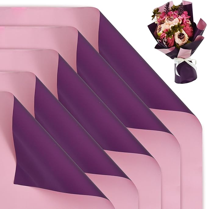 BEISHIDA 20Pcs Pink and Purple Double Sided Floral Wrapping Paper Matte Waterproof Flower Bouquet Wrapping Paper for Floral Wrap Florist Packing Supplies Birthday Valentine's Christmas Gift Wrapping