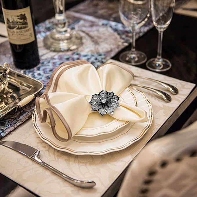 KPOSIYA Flower Napkin Rings Holder Metal Black Napkin Rings Set of 6 for Wedding Party Holiday Banquet Christmas Dinner Delicate Serviette Buckles Decor Favor (6, Black)