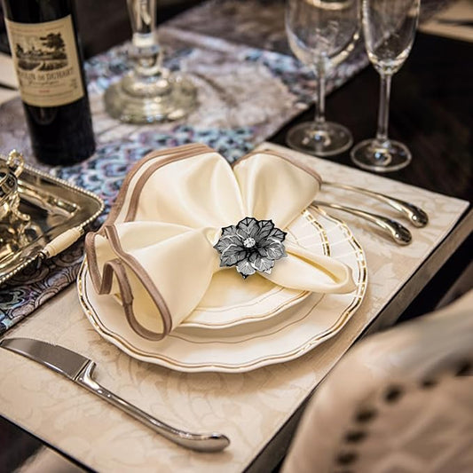 KPOSIYA Flower Napkin Rings Holder Metal Black Napkin Rings Set of 12 for Wedding Party Holiday Banquet Christmas Dinner Delicate Serviette Buckles Decor Favor (12, Black)