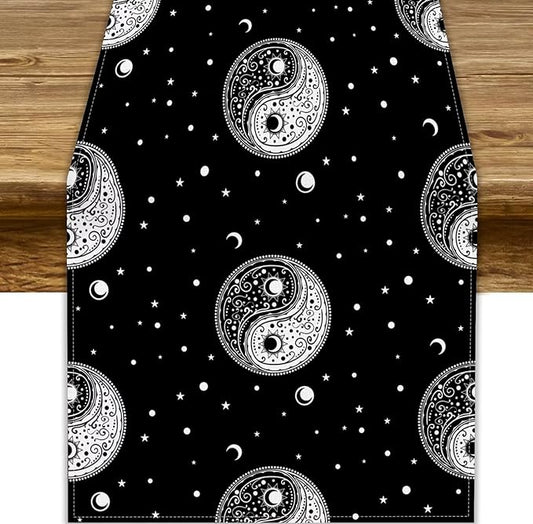 Mystical Celestial Table Runner, Vintage Bohemian Black Yin Yang Symbol Moon Stars Print Table Runner for Office Kitchen Dining Wedding Party Home Coffee Table, 13x70inch