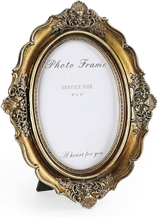 Cuspin 4x6 Picture Frame Gold, Vintage Bronze Gold 4 by 6 Picture Frame Hand-Crafted Resin with Glass Front Ornate Retro Antique Photo Frame for Wall and Tabletop Display Home Decor