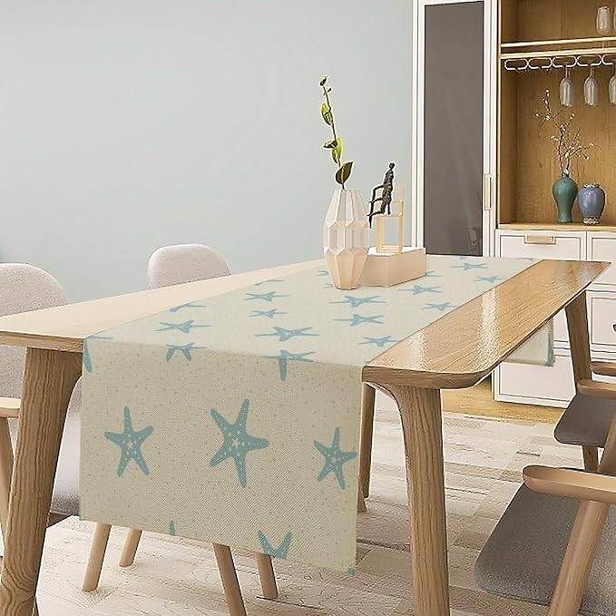 Sea Turtle Table Runner Marine Life Starfish Nautical Blue Green Ocean Theme Kitchen Table Decorations for Indoor Outdoor Home Party Decorations 13 * 70 Inch