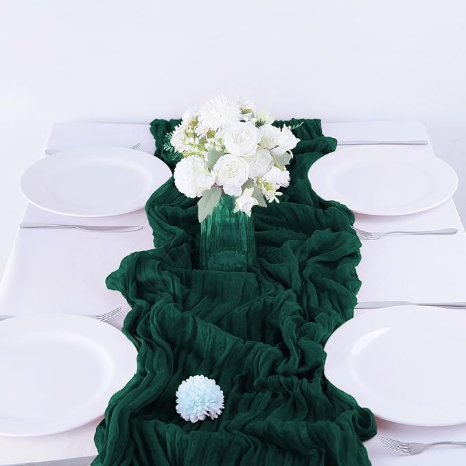 Emerald Green Cheesecloth Table Runner - 10FT x 35Inch Boho Gauze - 16PCS - Rustic Sheer Table Decor for Wedding, Party, Baby, Bridal Shower