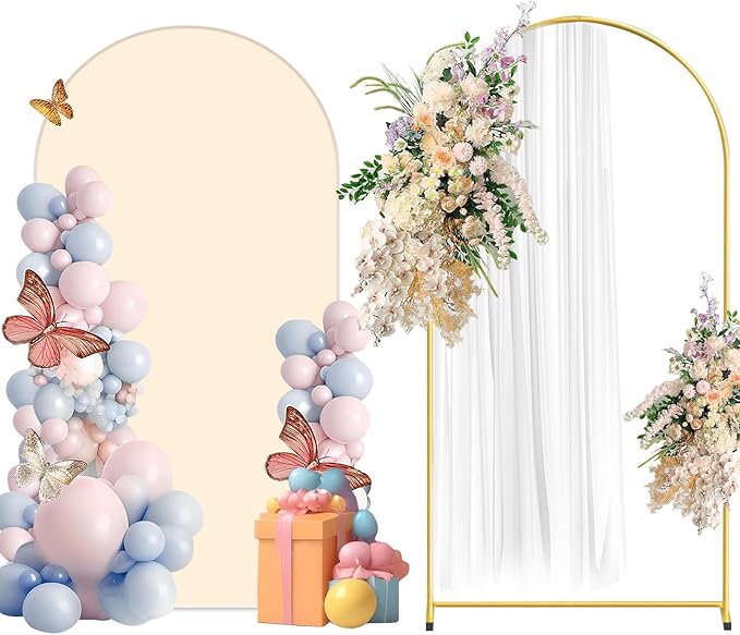 Metal Arch Backdrop Stand and Cover Set, 6.6FT Beige Reusable Spandex Fitted Backdrop Cover and Gold Wedding Arch Frame for Baby Shower, Birthday, Parties Decoration.
