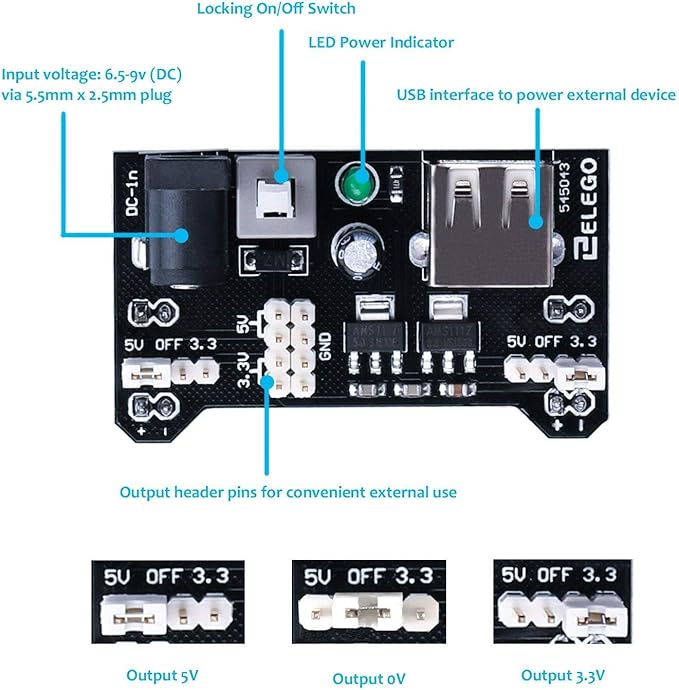 ELEGOO Upgraded Electronics Fun Kit w/Power Supply Module, Jumper Wire, Precision Potentiometer, 830 tie-Points Breadboard Compatible with Arduino, STM32