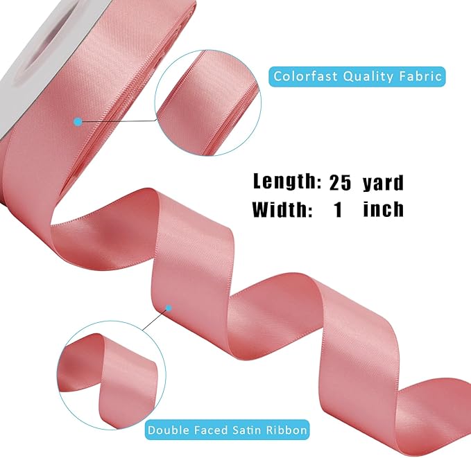 LaRibbons 1 Inch 25 Yard Double Faced Satin Ribbon,Dust Pink Satin Craft Fabric Ribbon for Gift Wrapping Floral Bouquets Wedding Party Decoration