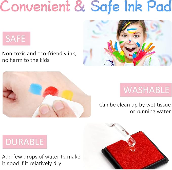 MOYBMG 20 Colors Washable Ink Pads for Kids Rubber Stamps, Fingerprint Crafts Stamp Pad for Kids, Paper, Scrapbook, Fabric, Wood (Pack of 20)
