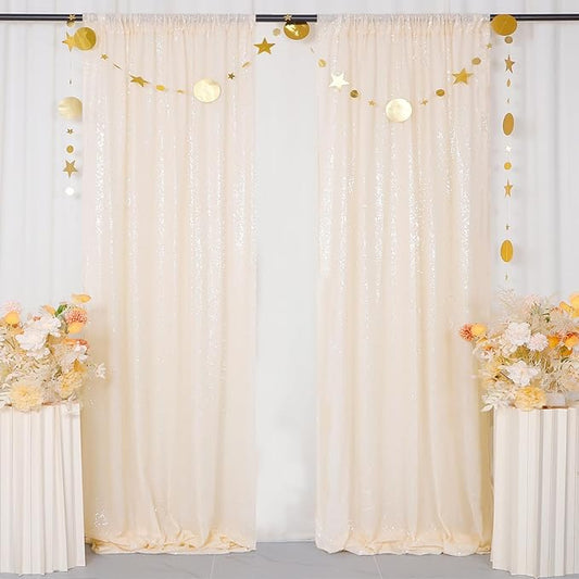 ShinyBeauty Ivory Backdrop 2FTx8FT Sequin Curtains 8 Pieces Photo Backdrops Glitter Photograph Background Beige Curtain Panles for Birthday/Baby Shower/Prom Decorations