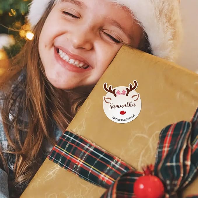 30pcs Personalized Christmas Stickers with Name, Custom Reindeer Waterproof Christmas Gift Tags for Gift Box Holiday Decorations, Stockings, Party Favors, 3"