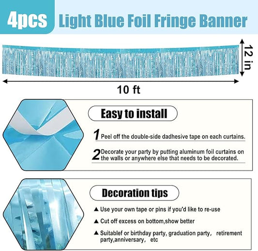 4 Pack 10 Feet Light Blue Foil Fringe Garland Metallic Tinsel Streamers Banner Wall Hanging Curtain Backdrop for Parade Floats, Wedding, Graduate, Mother's Day, Birthday Party Decoration