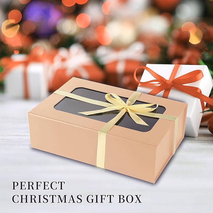 Rose Gold Large Gift Boxes with Window, 13.5"x9"x4.3" Bridesmaid Boxe for Gift Giving,Birthday Gift Box with Magnetic,Closure Lid Gift Boxes for Presents,Cute Boxe,Luxury for Gift Packaging,Gift Box for Wrapping Gifts