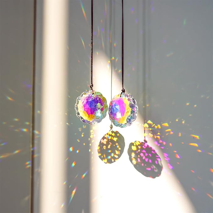 HDCRYSTALGIFTS Set 2 AB Color Crystal Suncatcher Datura Shaped Pendant Rainbow Feng Shui Hanging Prism (45mm)