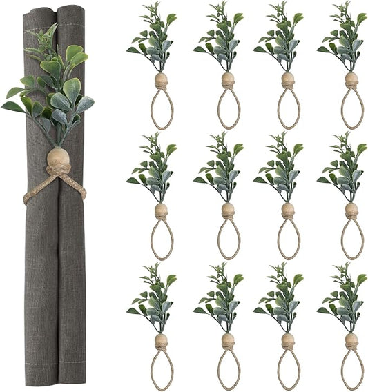 MAOANME Napkin Rings Set of 12, Rustic Eucalyptus Napkin Holder Rings with Wood Bead, Farmhouse Green Leaf Napkin Ring Bulk, Boho Napkin Ring for Wedding, Table Decor