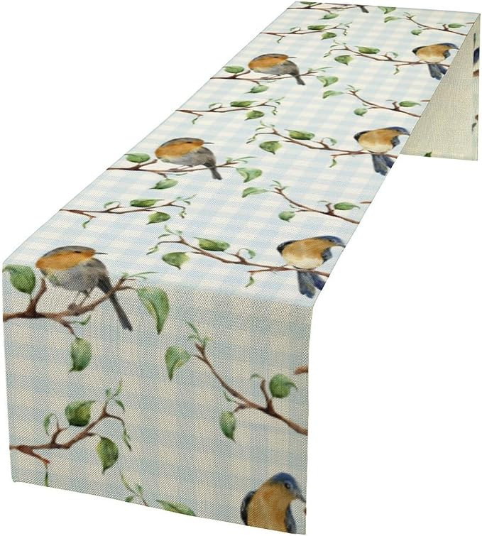 Bird Table Runner,Spring Birds Tree Blue Plaid Print Table Runner for Kitchen Dining Table Decoration Home Party Decor 13x108 Inch