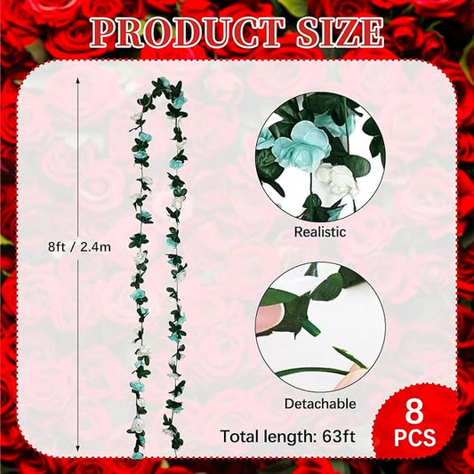8Pcs 63Ft Teal&White Rose Garland, Fake Rose Hanging Flowers, Artificial Flower Vine, Hanging Floral Vine Garland for Wedding, Birthday Party, Wall Arch, Halloween, Christmas Garden Backdrop Decor