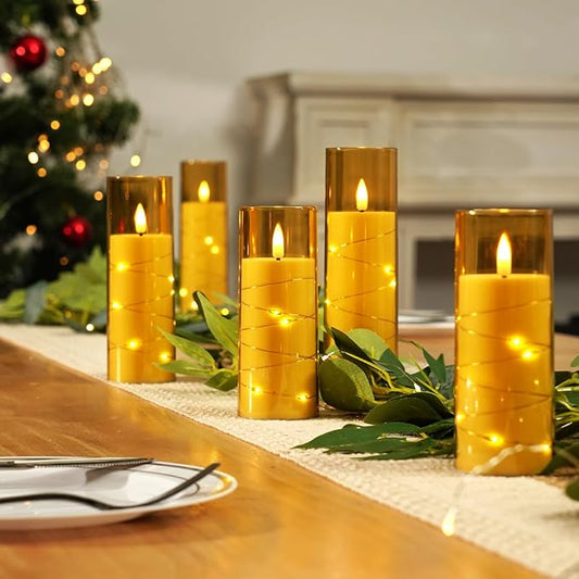 Homemory Flameless Candles with Embedded Star String Fairy Lights, Battery Operated Candles with Remote Control and Timer, Flickering LED Candle for Fall Pumpkin Decorations, Amber Gold, Set of 9