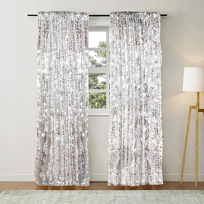 9FTx9FT Silver Big Sequin Backdrop Curtains Panels Drapes Home Party Supplies Sequin Background for Parties Shimmer Wall Backdrop Cloth and Thanksgiving Christmas