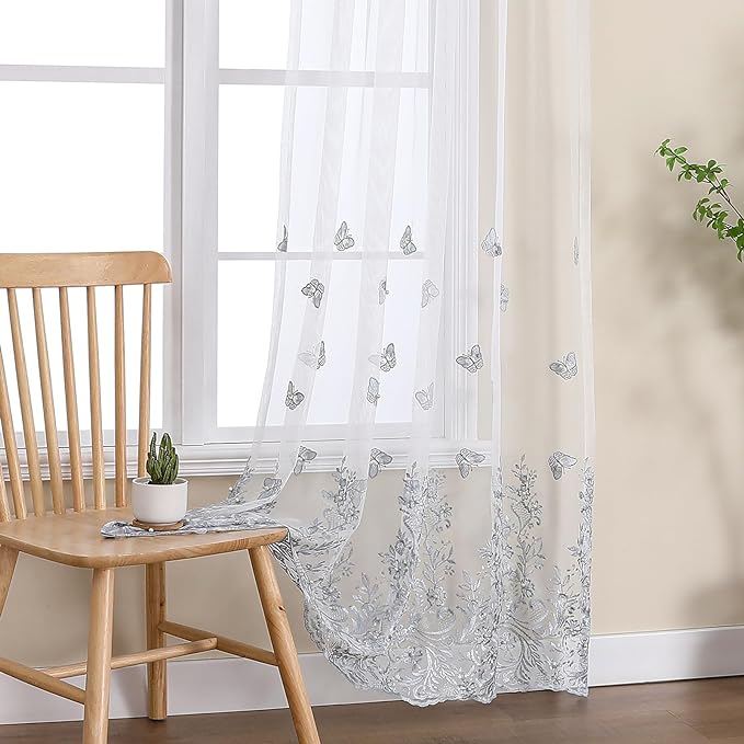 VISIONTEX White Sheer Voile Curtains, Decorative Blue Embossed Butterflies Rod Pocket Window Drapes for Home Kitchen, Living Room and Bedroom 54 x 95 Inch, Set of 2 Curtain Panels