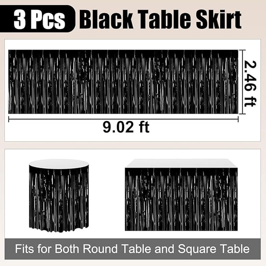 3 Pack 29 x108 Inch Black Foil Fringe Table Skirts Metallic Banner for Tinsel Streamer Garland Backdrop for Parade Floats Wedding Thanksgiving Birthday Christmas Halloween New Year Party Decoration