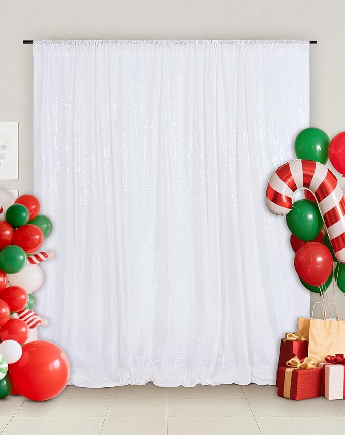 Eternal Beauty White Sequin Backdrop, 8x10 Ft Glitter Background Curtains for Christmas Shimmer Photography Party Wedding Birthday Back Drop Decor