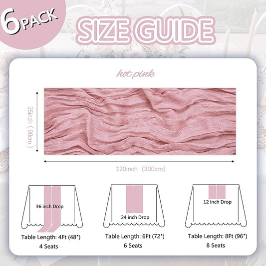 6 Pack Dusty Pink Cheesecloth Table Runner 10ft Boho Gauze Fabric Cheese Cloth Table Runner 35 x 120 Inch Rustic Sheer for Romantic Wedding Decor Baby Shower Party Table Centerpiece Decoration