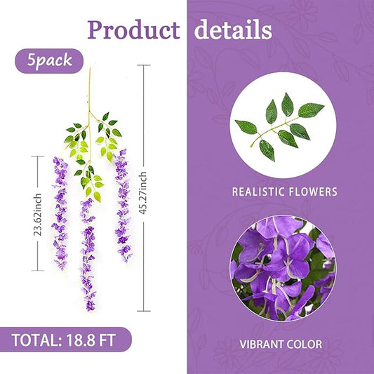 5 Pack Purple Wisteria Hanging Flowers Garland, 3.77 Feet Artificial Flower Vines, Fake Wisteria, Artificial Vines Hanging Garland for Backdrop Outdoor Yard Garden Decor