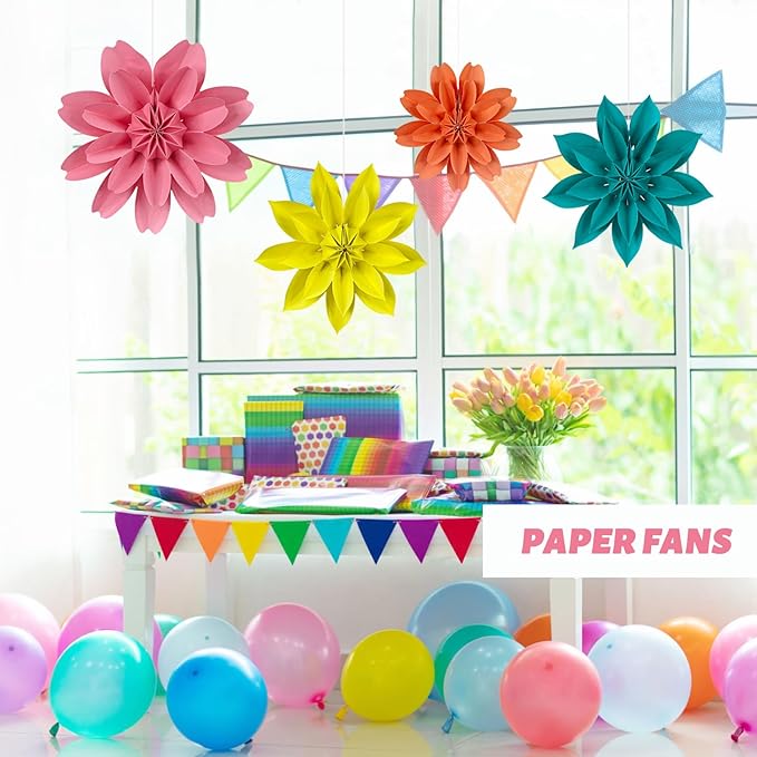 ADLKGG Hanging Colorful Paper Flower Fans Decorations, Flower Paper Fan Event Accessory for Tea Party, Wall Background Birthday, Wedding, Summer Party, Classroom Decor, Nursery Decoration, Set of 4